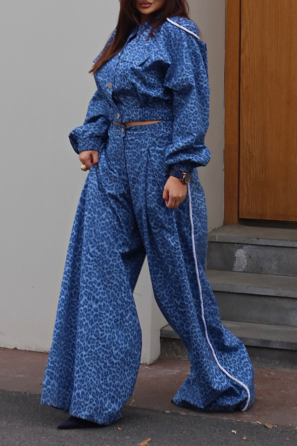 Stylish Leopard Print Denim Top & Wide Leg Pants Set