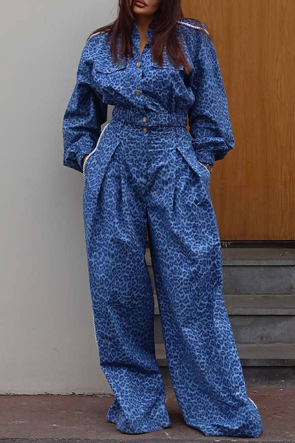 Stylish Leopard Print Denim Top & Wide Leg Pants Set