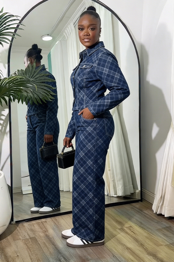 Stylish Checkered Denim Jacket & Jeans Set