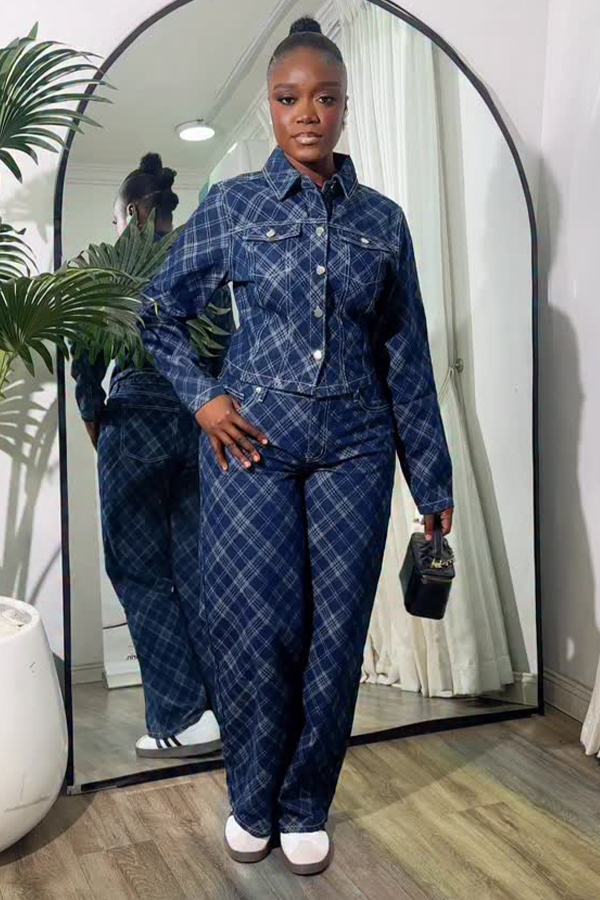 Stylish Checkered Denim Jacket & Jeans Set