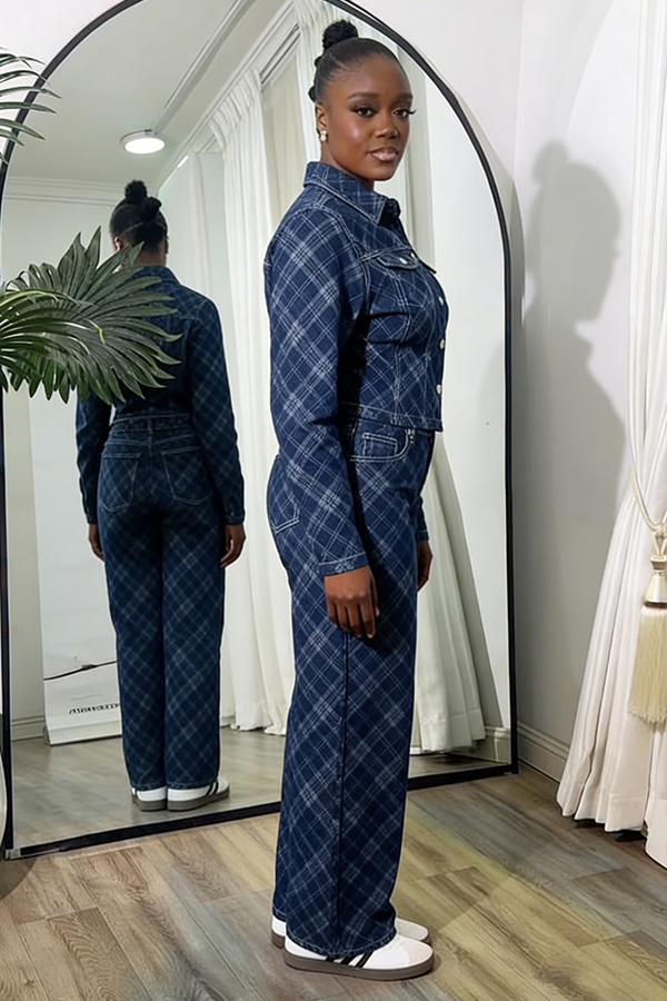 Stylish Checkered Denim Jacket & Jeans Set