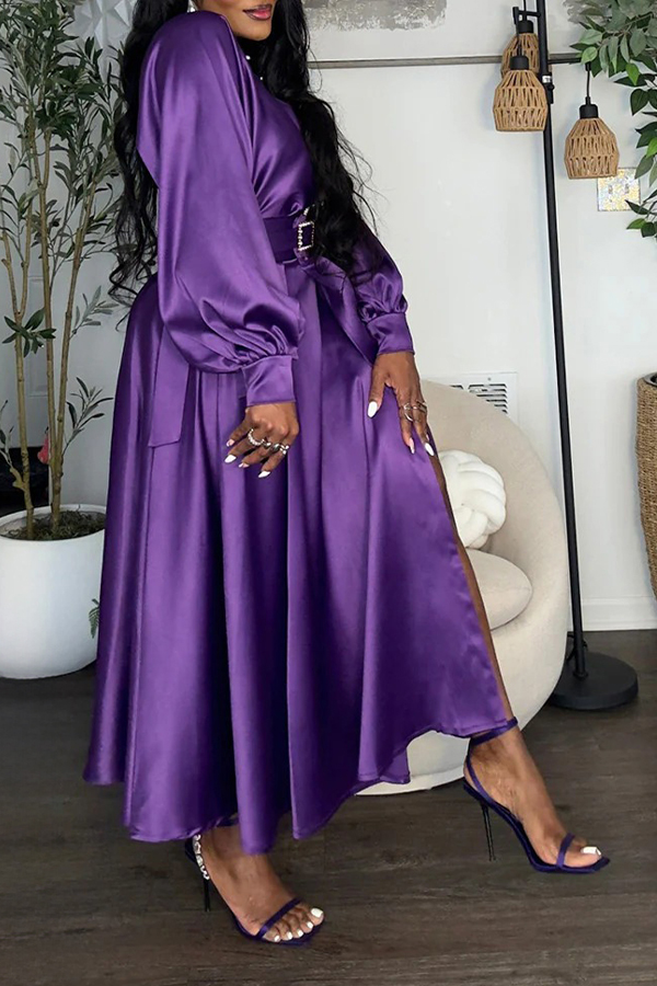 Chic Lantern Sleeve Belted Dress