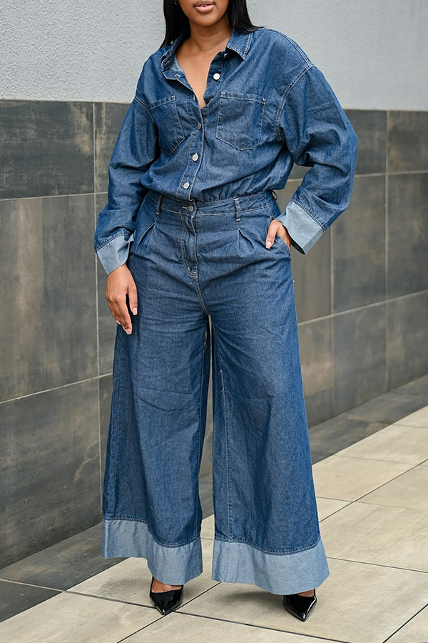Stylish Denim Shirt & Wide Leg Jeans Set