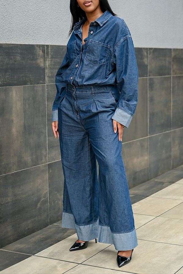 Stylish Denim Shirt & Wide Leg Jeans Set