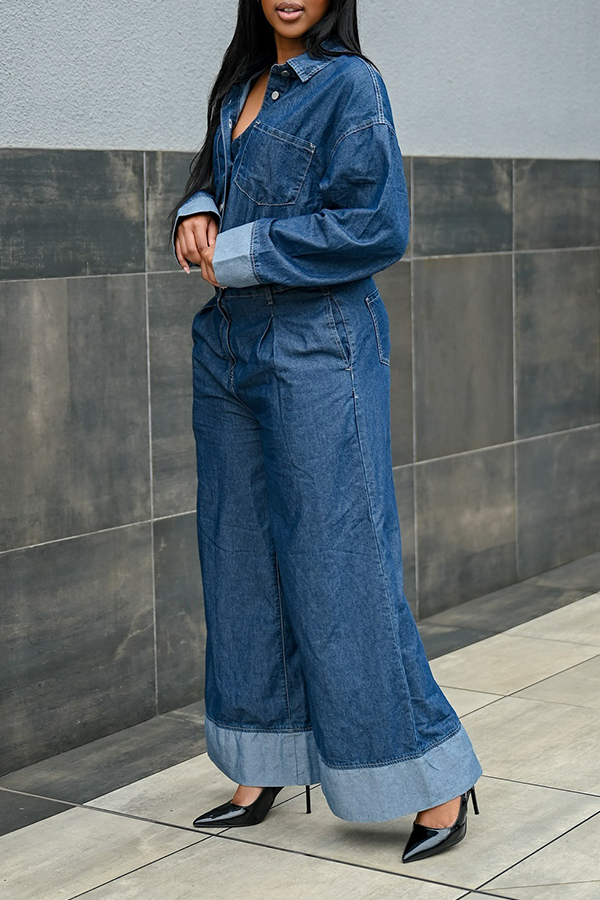 Stylish Denim Shirt & Wide Leg Jeans Set
