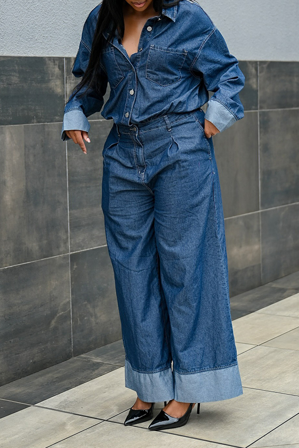 Stylish Denim Shirt & Wide Leg Jeans Set