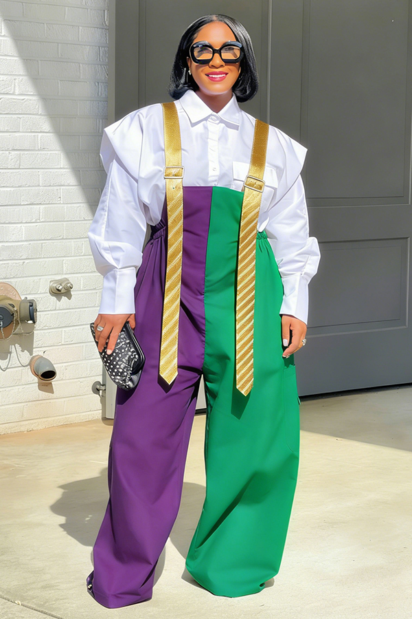 Stylish Mardi Gras Colorblock Long Tie Style Jumpsuit
