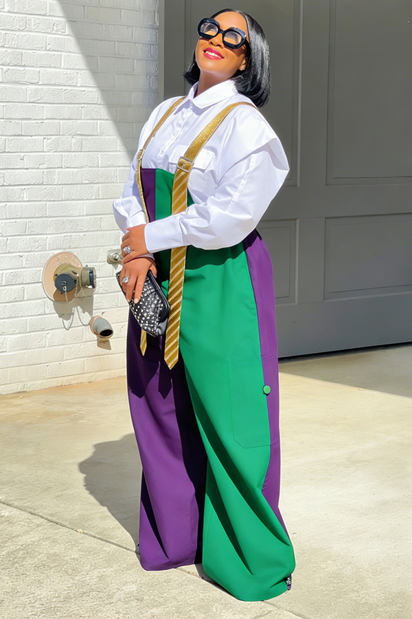 Stylish Mardi Gras Colorblock Long Tie Style Jumpsuit