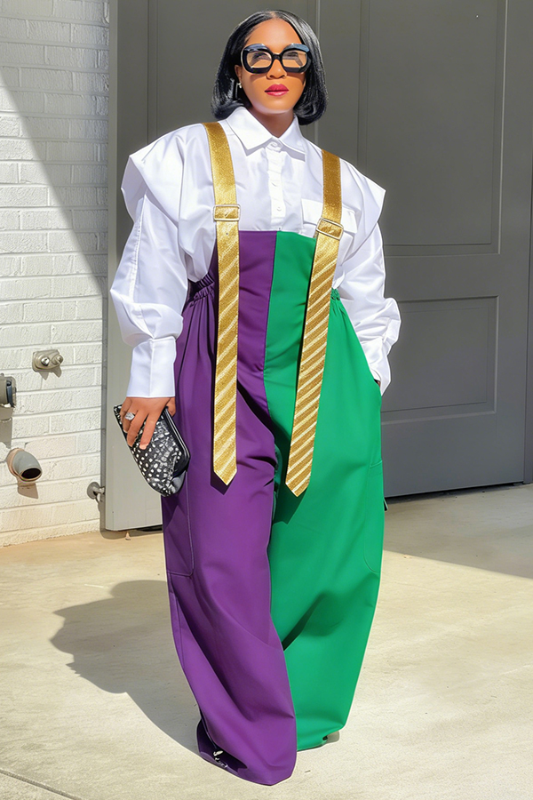Stylish Mardi Gras Colorblock Long Tie Style Jumpsuit