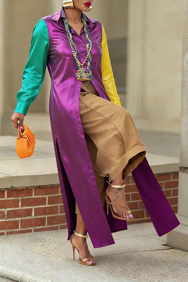 M-slit Hem Button Up Colorblock Long Blouse