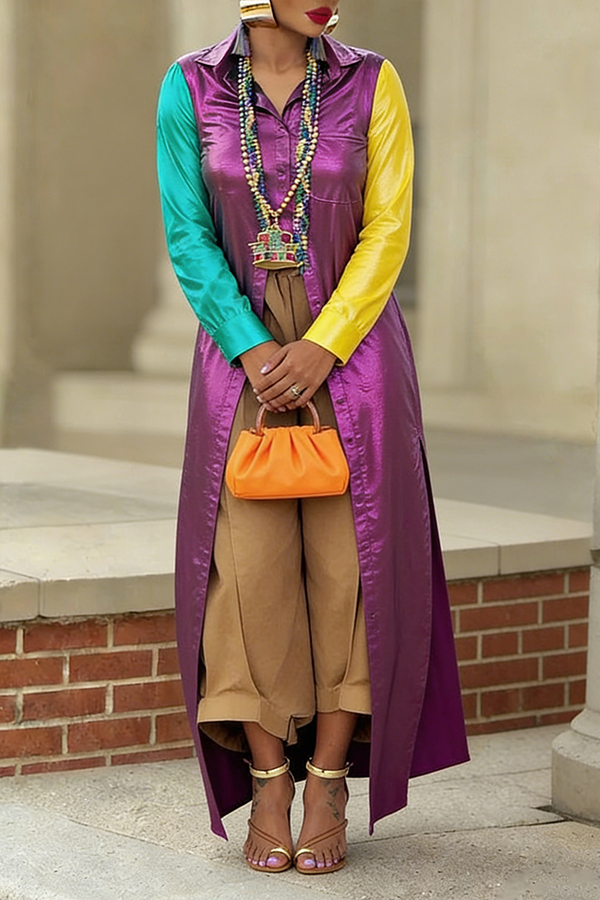 M-slit Hem Button Up Colorblock Long Blouse