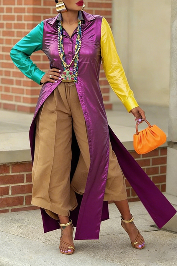 M-slit Hem Button Up Colorblock Long Blouse