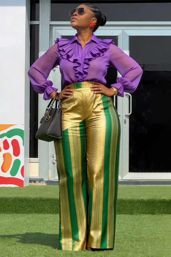 Stylish Ruffle Shirt & Graphic Print Pants Set