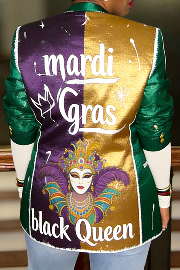 Mardi Gras Colorblock Graffiti Mask Collar Blazer