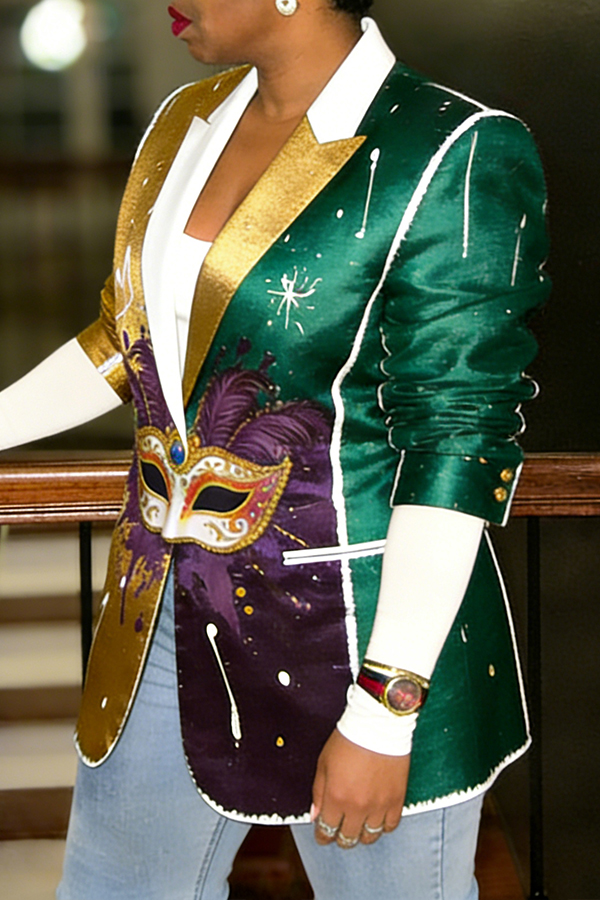 Mardi Gras Colorblock Graffiti Mask Collar Blazer
