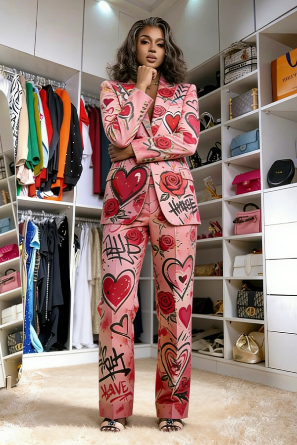 Romantic Valentine's Day Graffiti Blazer & Pants Set