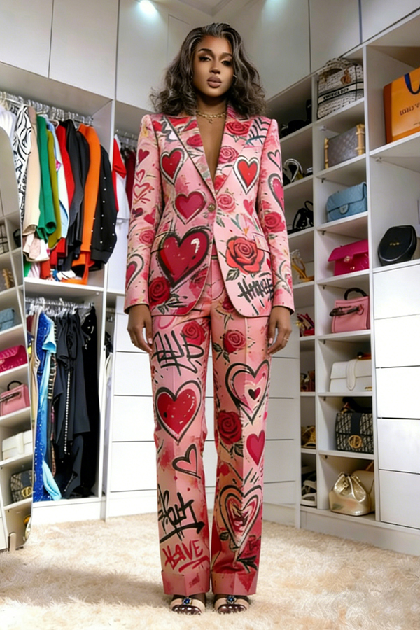 Romantic Valentine's Day Graffiti Blazer & Pants Set