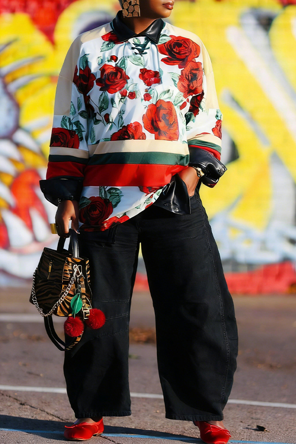 Stylish Floral Print Striped Blouse