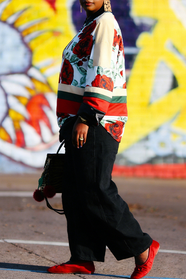 Stylish Floral Print Striped Blouse