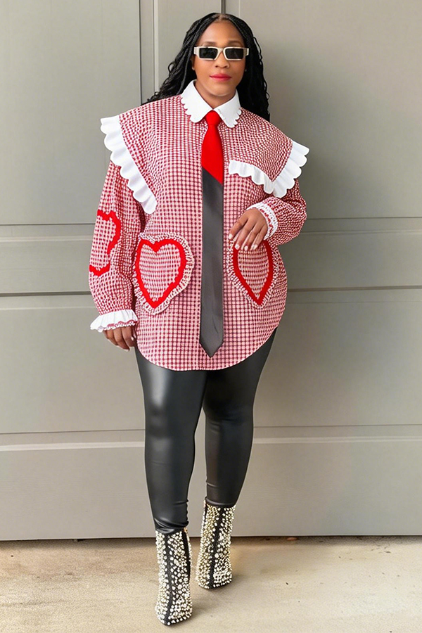 Stylish Shirt Neck Lace Pockets Plaid Blouse