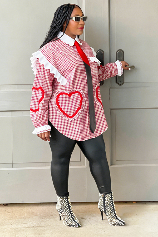 Stylish Shirt Neck Lace Pockets Plaid Blouse