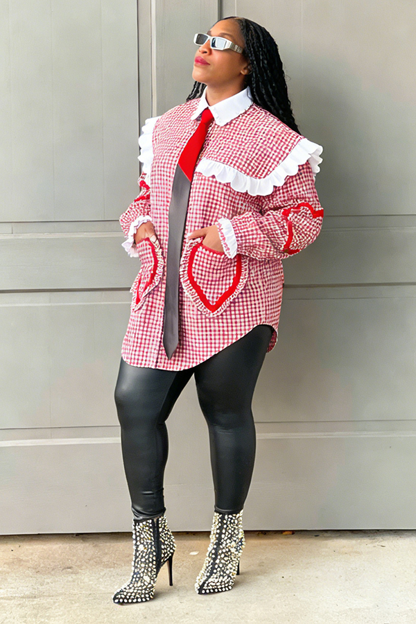 Stylish Shirt Neck Lace Pockets Plaid Blouse