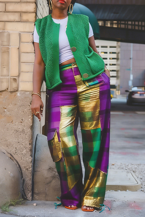 Colorful Plaid Color Blocked Pants