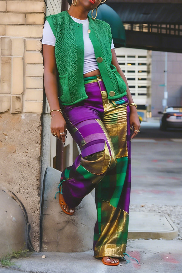 Colorful Plaid Color Blocked Pants