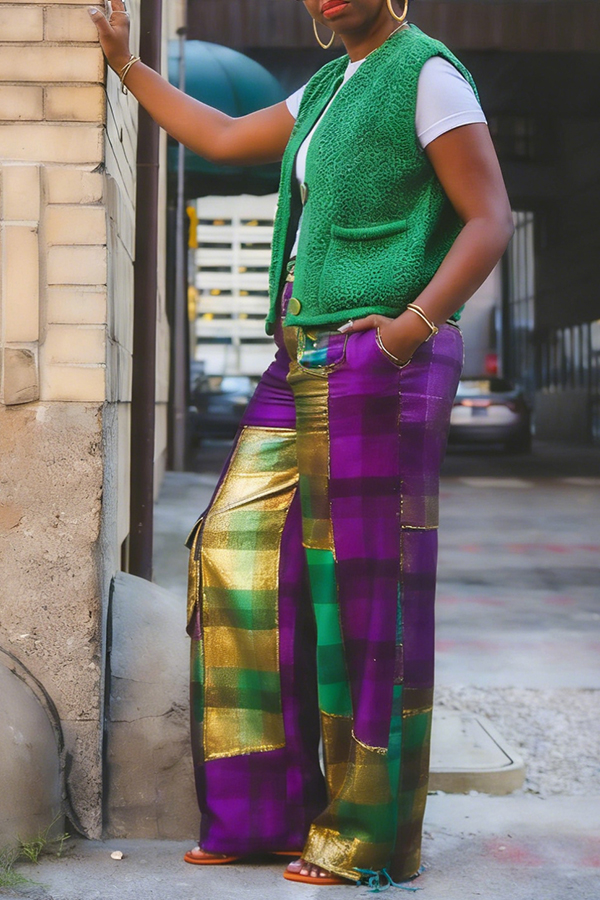 Colorful Plaid Color Blocked Pants