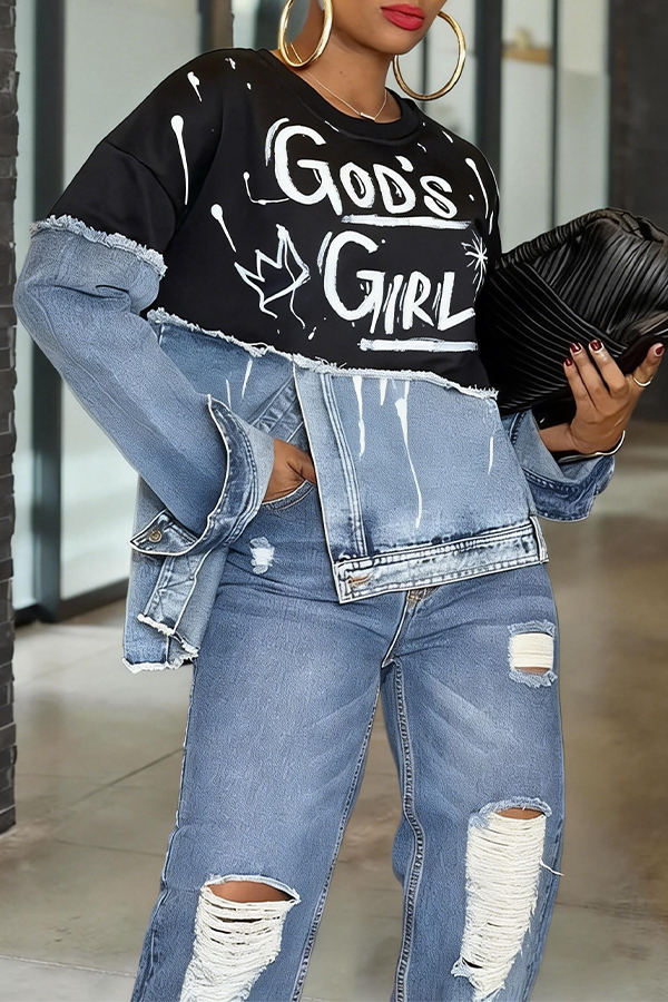 Stylish Graffiti God Girl Denim Patchwork Sweatshirt