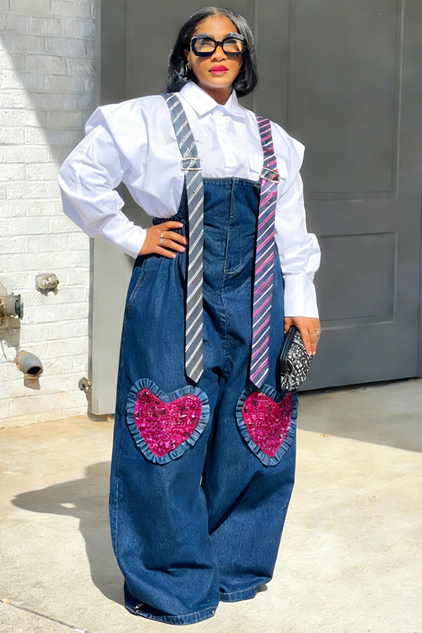 Stylish Tie Style Heart Denim Jumpsuit