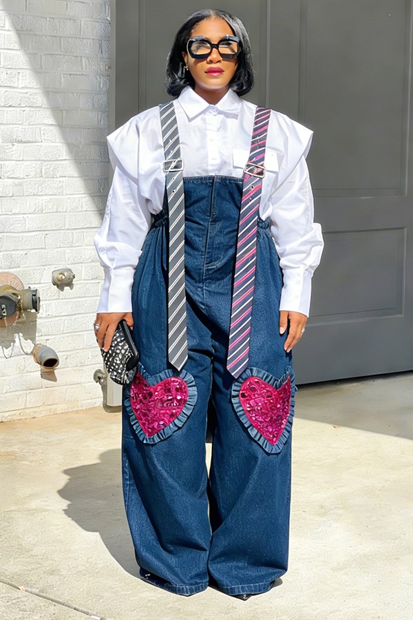 Stylish Tie Style Heart Denim Jumpsuit