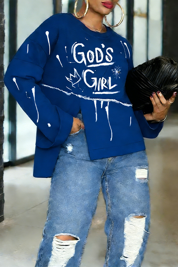 Stylish Irregular Hem Letter Graphic Sweatshirt