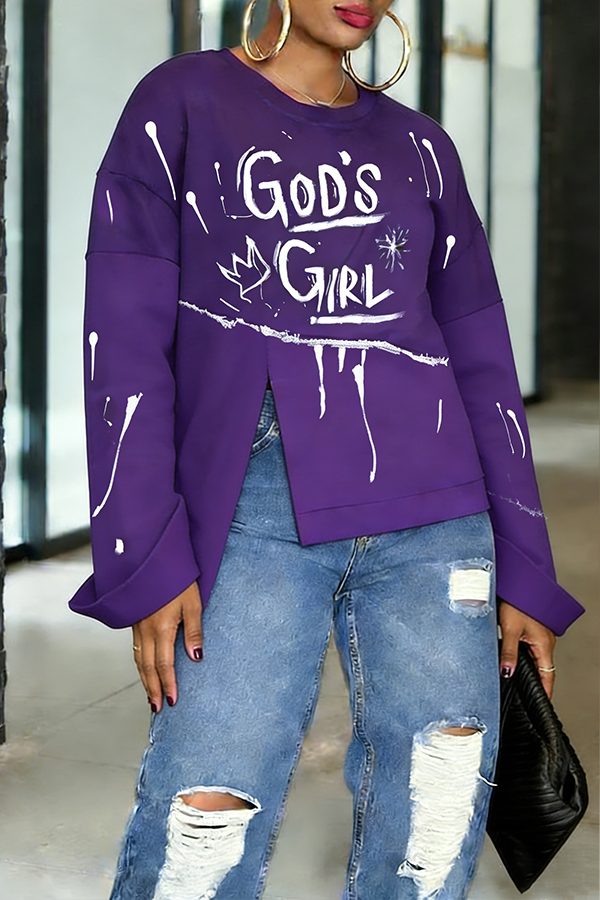 Stylish Irregular Hem Letter Graphic Sweatshirt