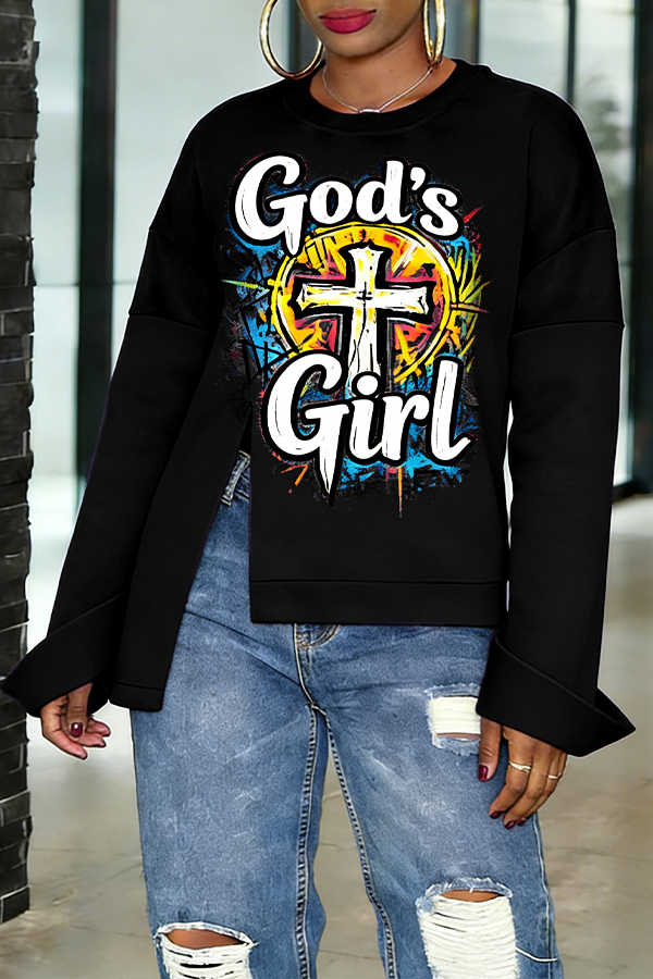 Casual Irregular Hem Letter & Figure Graphic Sweatshirt