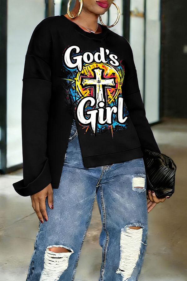 Casual Irregular Hem Letter & Figure Graphic Sweatshirt