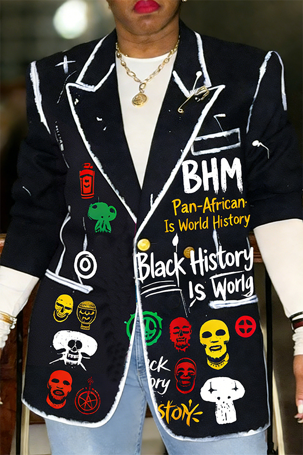 Stylish Peak Collar Letter & Figure Graphic Blazer