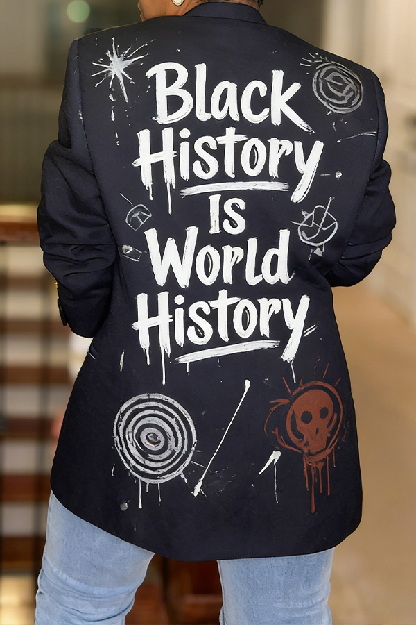 Stylish Peak Collar Letter & Figure Graphic Blazer