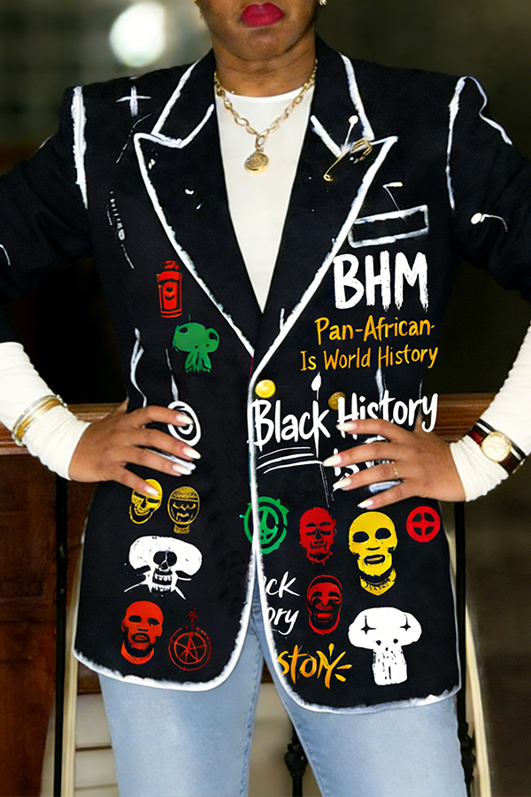 Stylish Peak Collar Letter & Figure Graphic Blazer