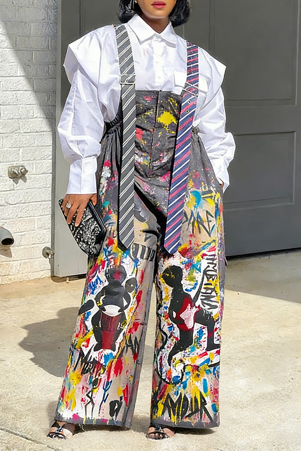 Stylish Allover Graffiti Print Tie Strap Overalls