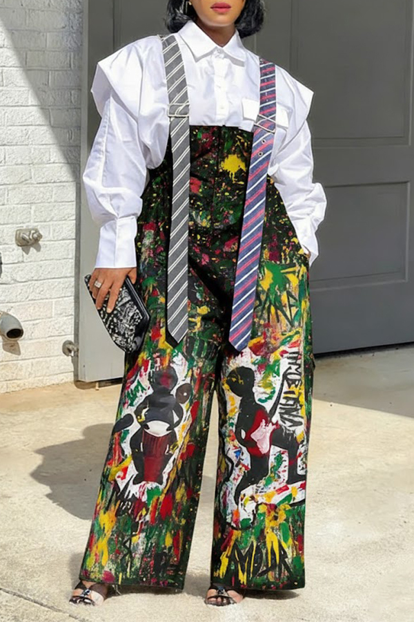 Stylish Allover Graffiti Print Tie Strap Overalls