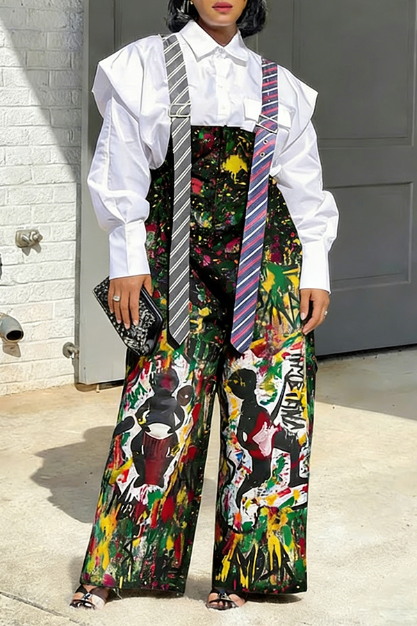Stylish Allover Graffiti Print Tie Strap Overalls