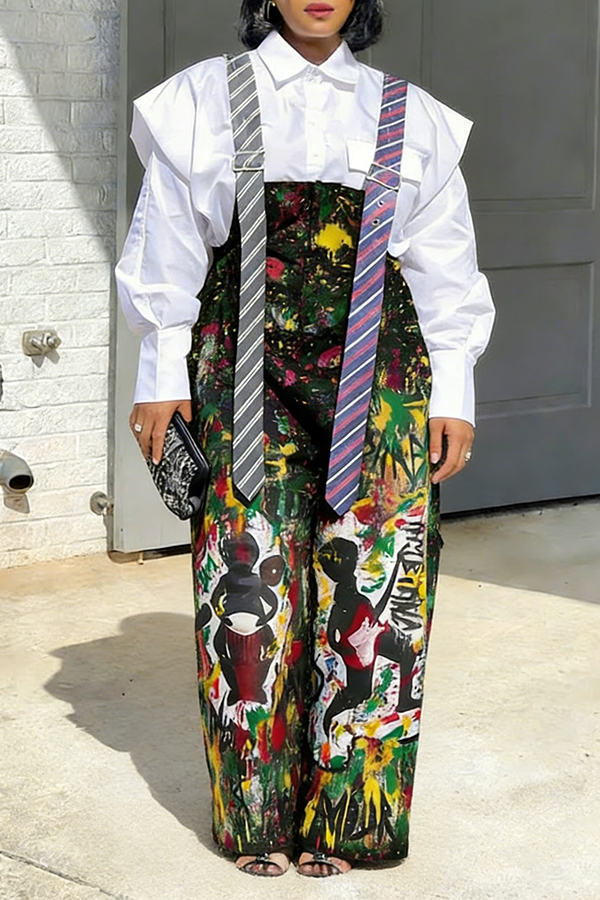 Stylish Allover Graffiti Print Tie Strap Overalls