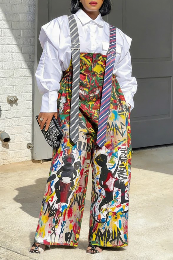 Stylish Allover Graffiti Print Tie Strap Overalls