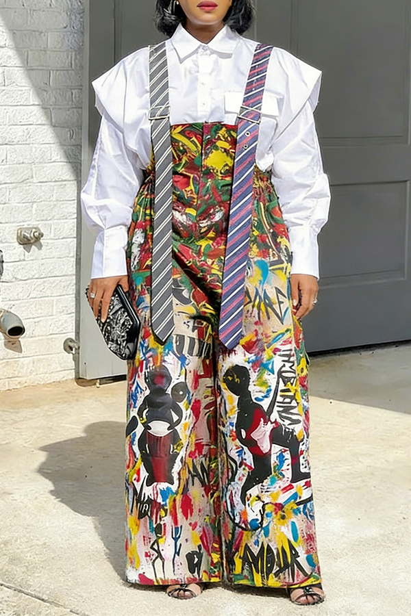 Stylish Allover Graffiti Print Tie Strap Overalls