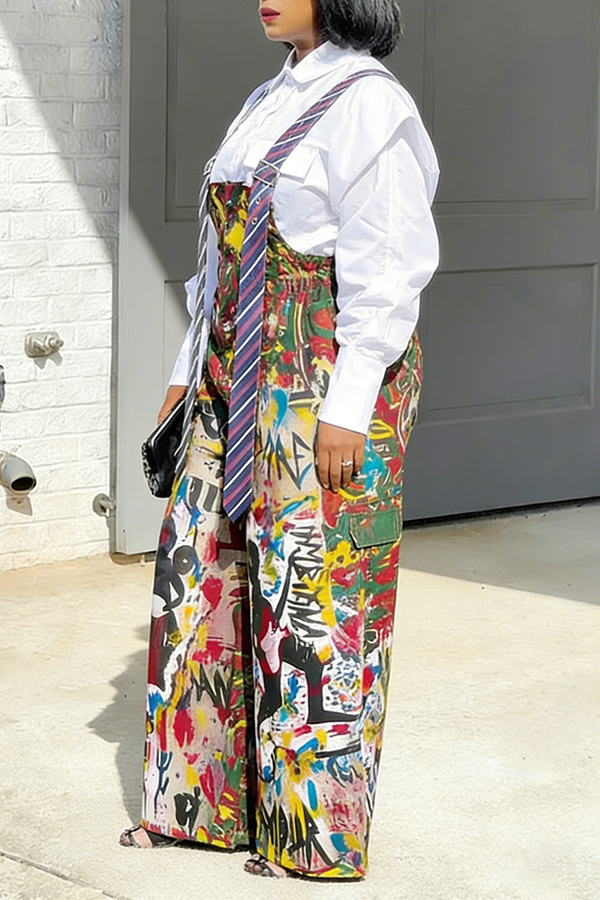 Stylish Allover Graffiti Print Tie Strap Overalls