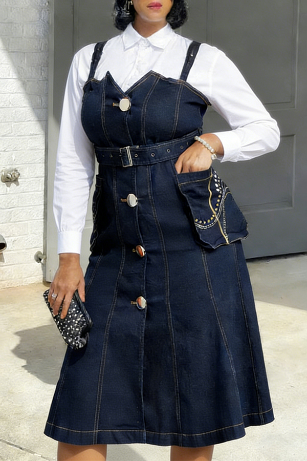 Stylish Embroidered Pocket Denim Overalls Dress