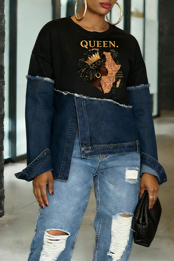 Stylish Letter & Figure Graphic Denim Patch Sweatshirt