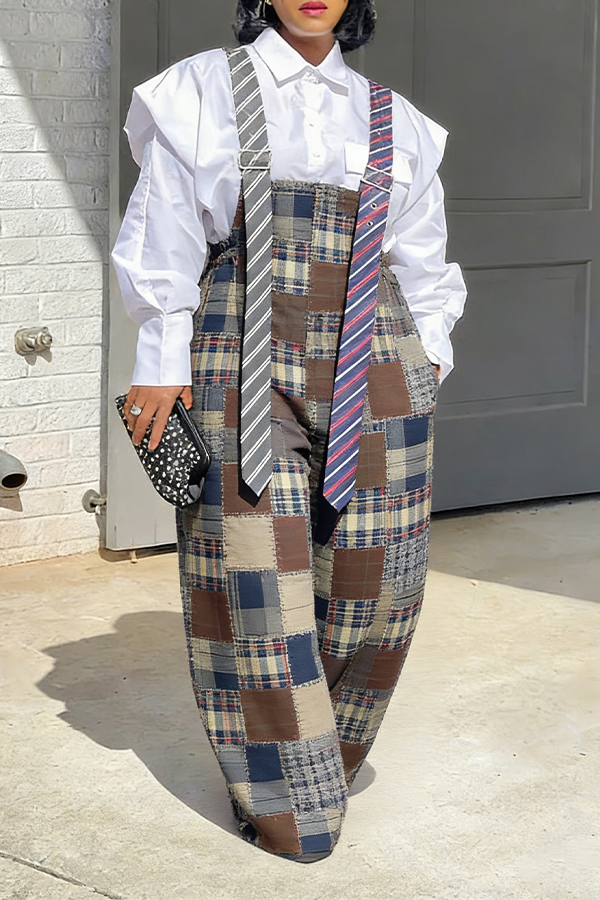 Stylish Long Tie Style Plaid Jumpsuit