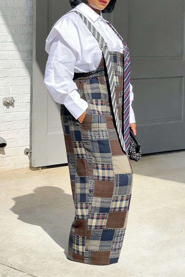 Stylish Long Tie Style Plaid Jumpsuit
